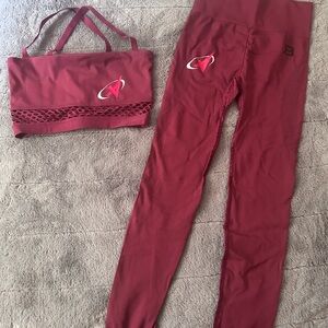 BETTER BODIES for Apollon Nutrition Red Athletic crop sports bra and leggings.